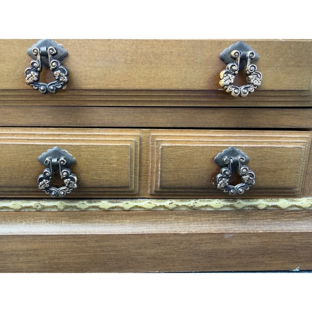 Vintage Wooden Jewelry Armoire Cabinet Lion Head Doors Red Felt Lined 13 Drawer